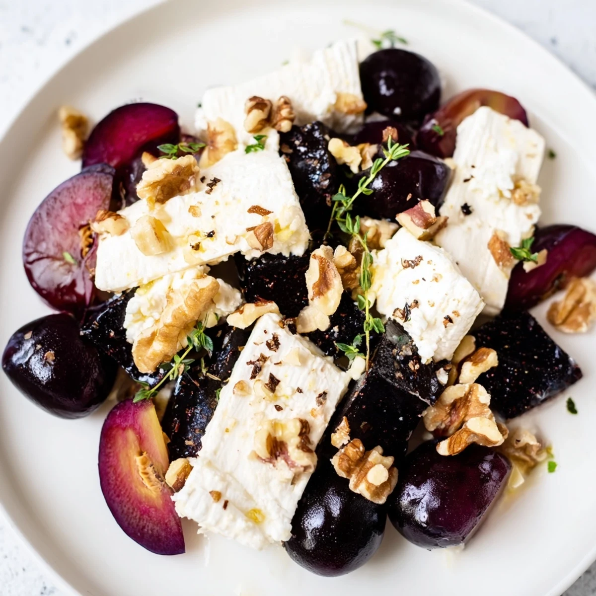 A beautiful Midnight Orchard arrangement, featuring vibrant plums, grapes, and ash-covered goat cheese for serving.