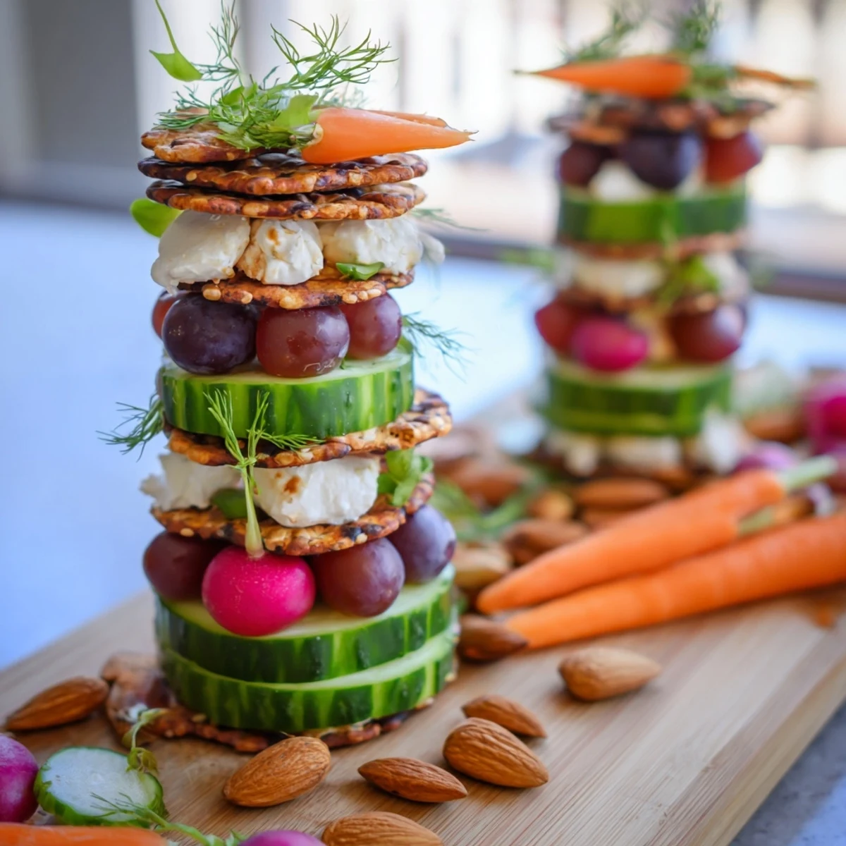 A minimalist presentation of The Zen Balance, an appetizer with colorful produce and gluten-free crackers.