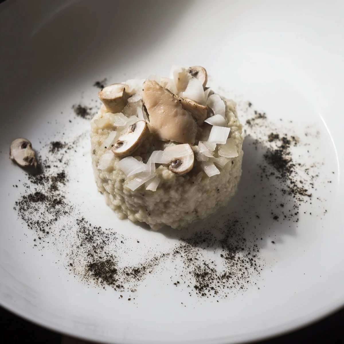 Creamy cauliflower purée beneath tender poached chicken, making up The Ghostly Gala.