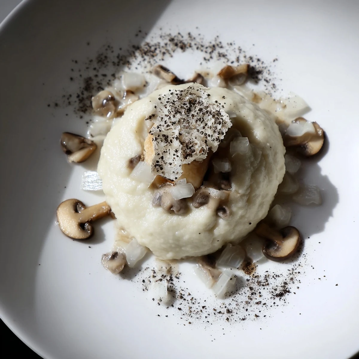 The Ghostly Gala presents delicately poached chicken with sauteed mushrooms arranged in an elegant way.