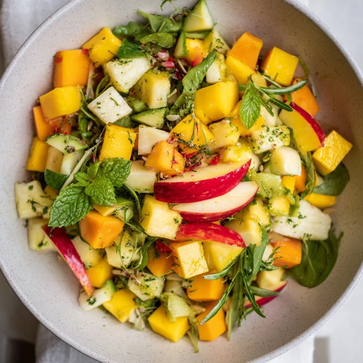 Vibrant The Sunlit Glade salad, a colorful fresh arrangement of yellow fruits and leafy greens.