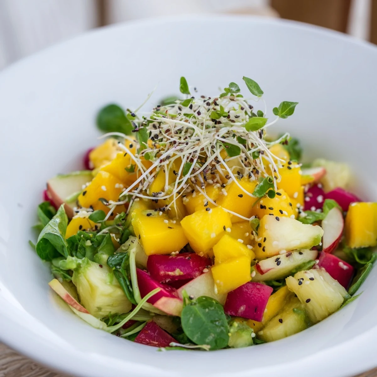 Imagine The Sunlit Glade: a fresh, vegan salad with a sunny fruit medley atop vibrant kale.