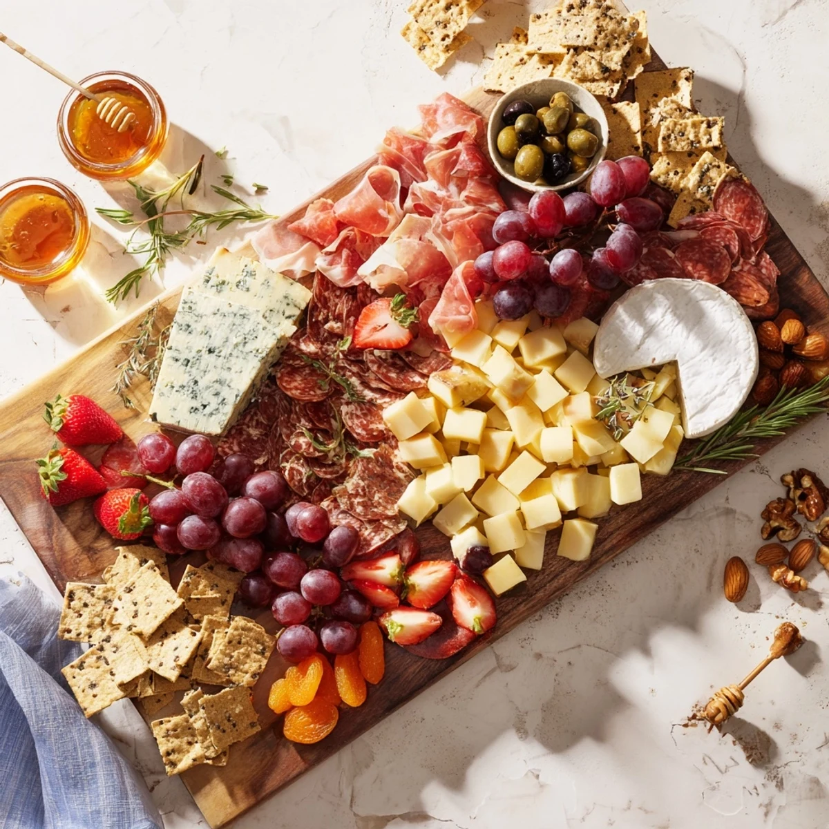 A Waterfall Edge Grazing Board overflowing with cheeses, fruits, and meats ready to be enjoyed.