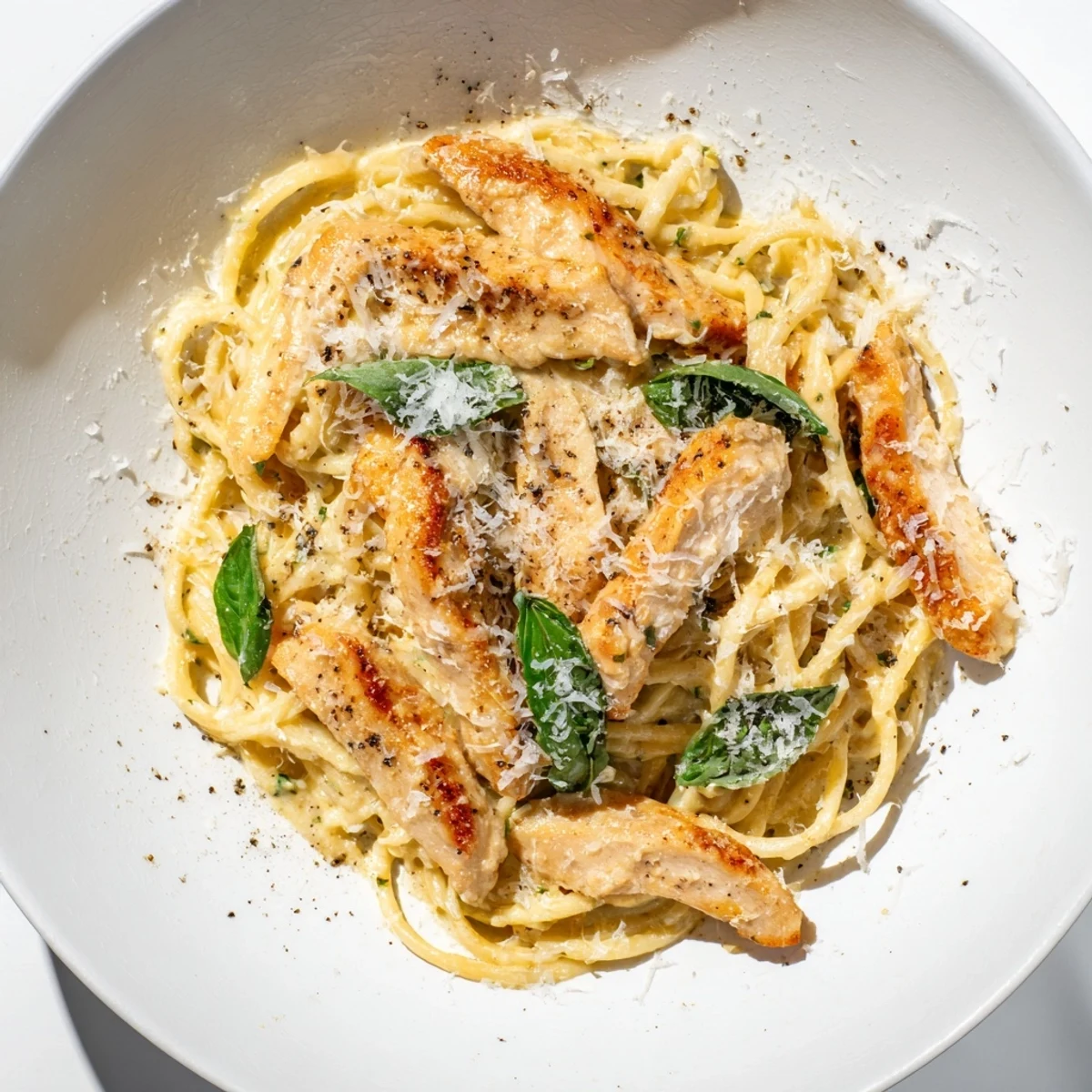 Creamy Pesto Egg and Chicken Pasta, a vibrant dish with parmesan and fresh basil, ready to serve.