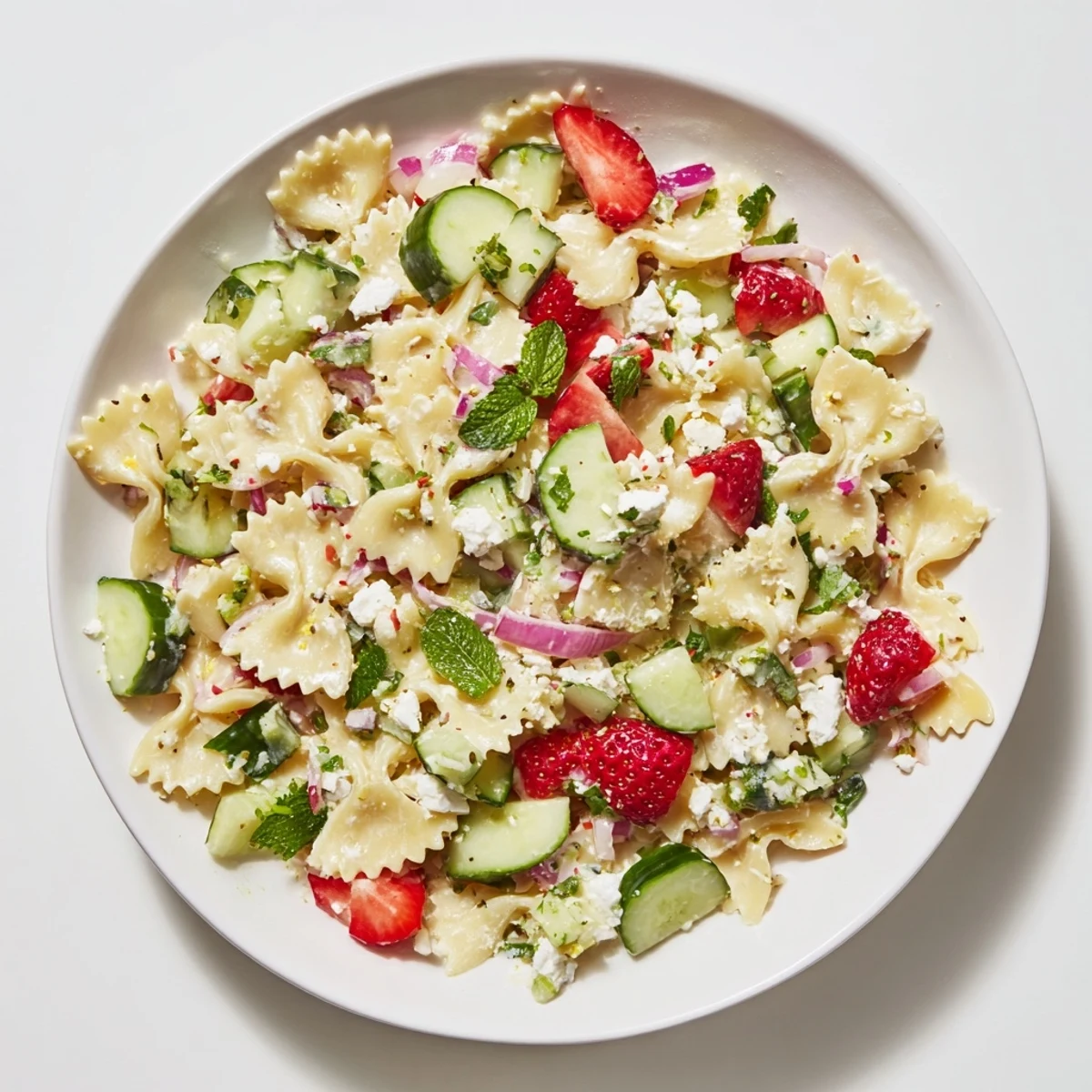 Strawberry Feta Pasta: a vibrant salad with juicy strawberries, tangy feta, and creamy dressing, perfect for summer.