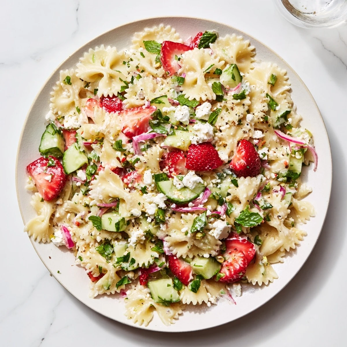Cool, refreshing Strawberry Feta Pasta salad visually showcases strawberries, feta, and herbs; a delicious vegetarian meal.