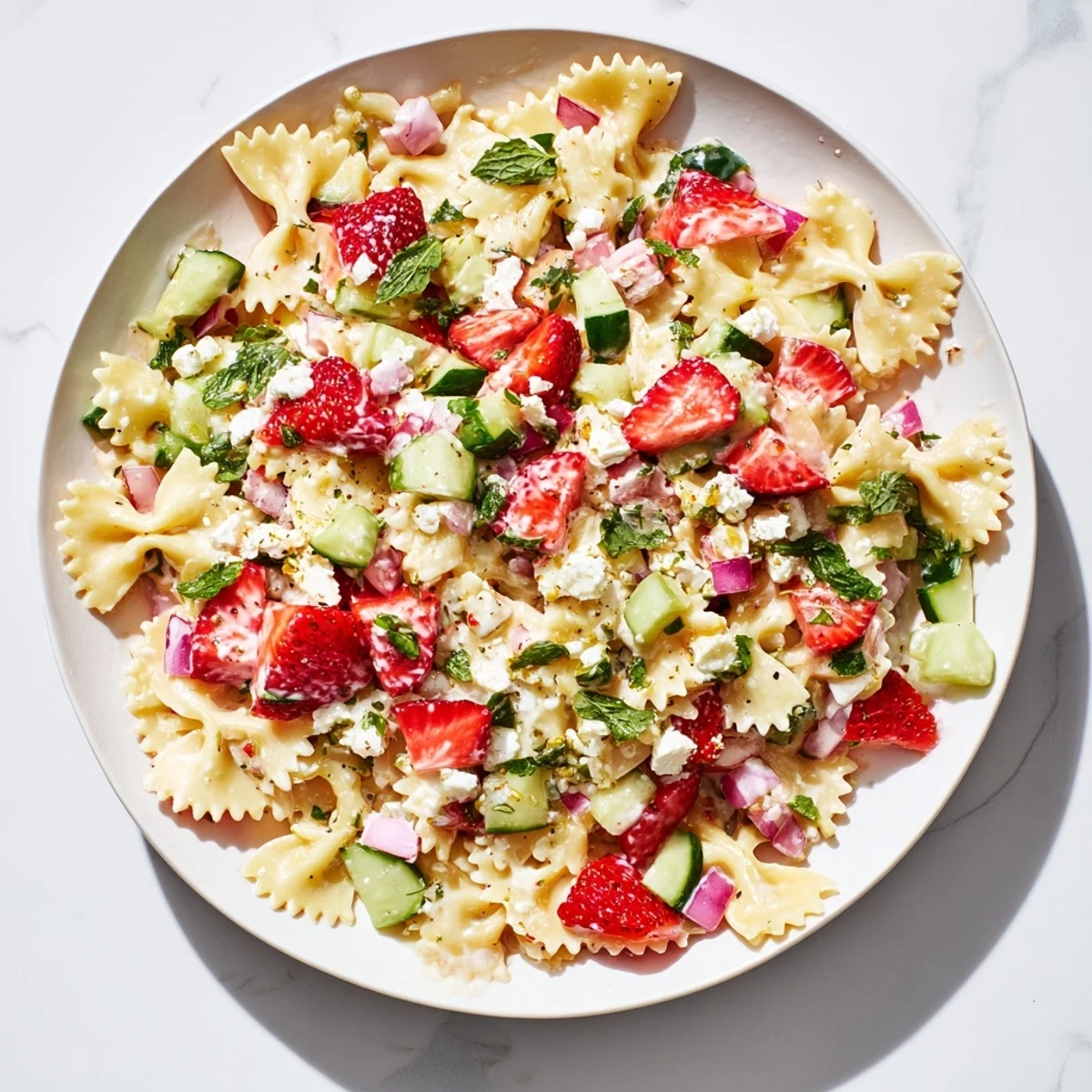 This satisfying bowl of Strawberry Feta Pasta is highlighted by a creamy yogurt dressing and colorful ingredients.