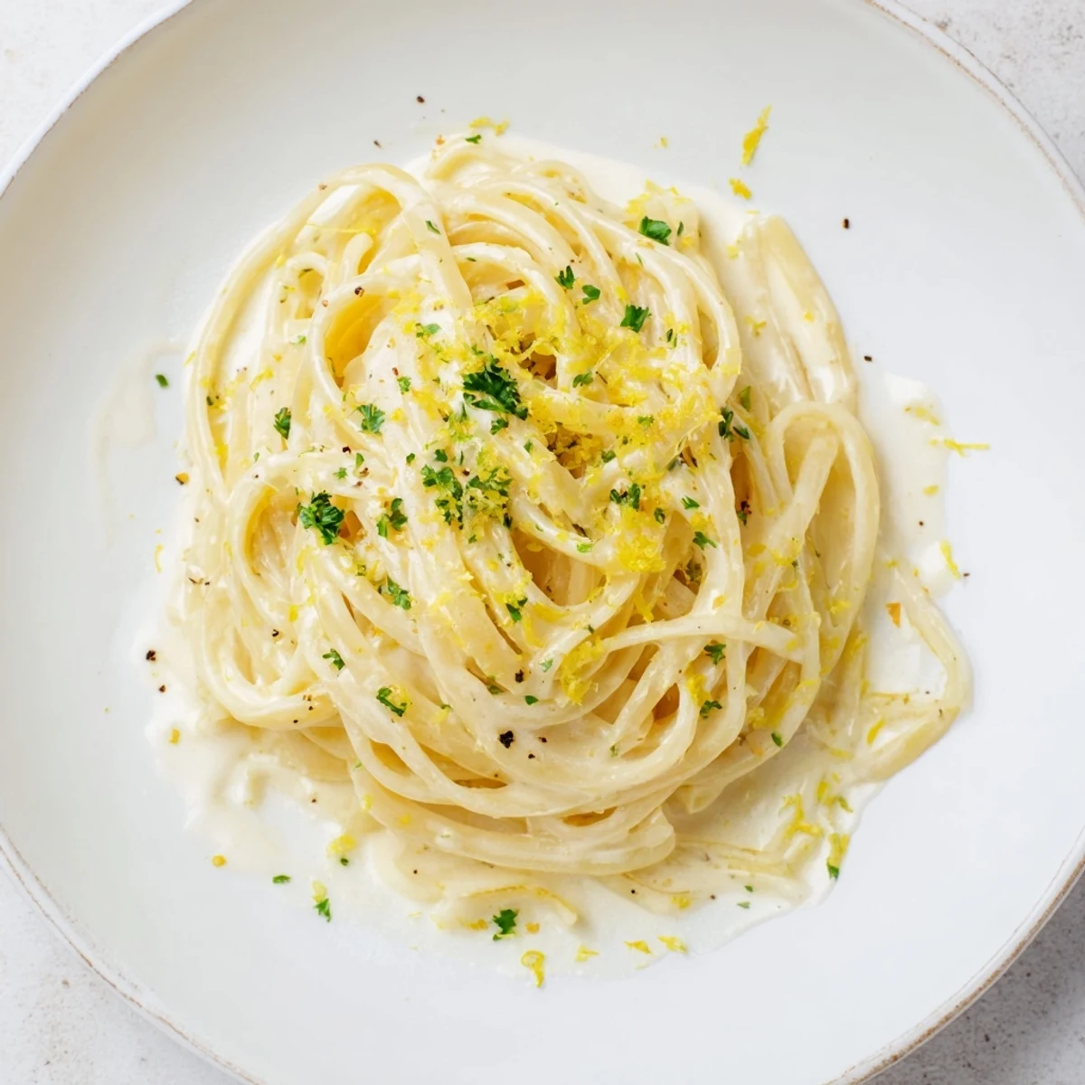 Creamy Lemon-Garlic Greek Yogurt Pasta, ready to eat, topped with fresh parsley and Parmesan.