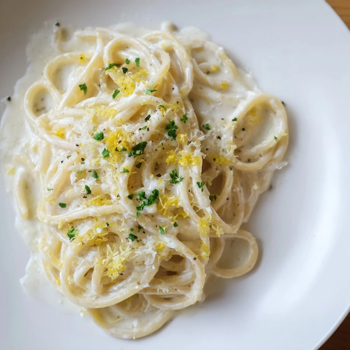 A bowl of bright Lemon-Garlic Greek Yogurt Pasta with a zesty lemon slice garnish.