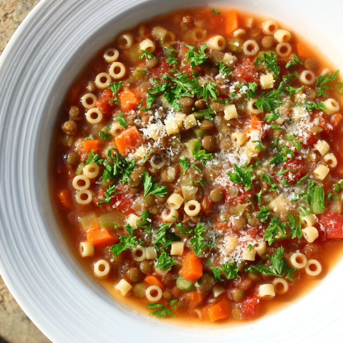 Creamy, steaming bowl of Ditalini and Lentil Soup garnished with fresh parsley and Parmesan.