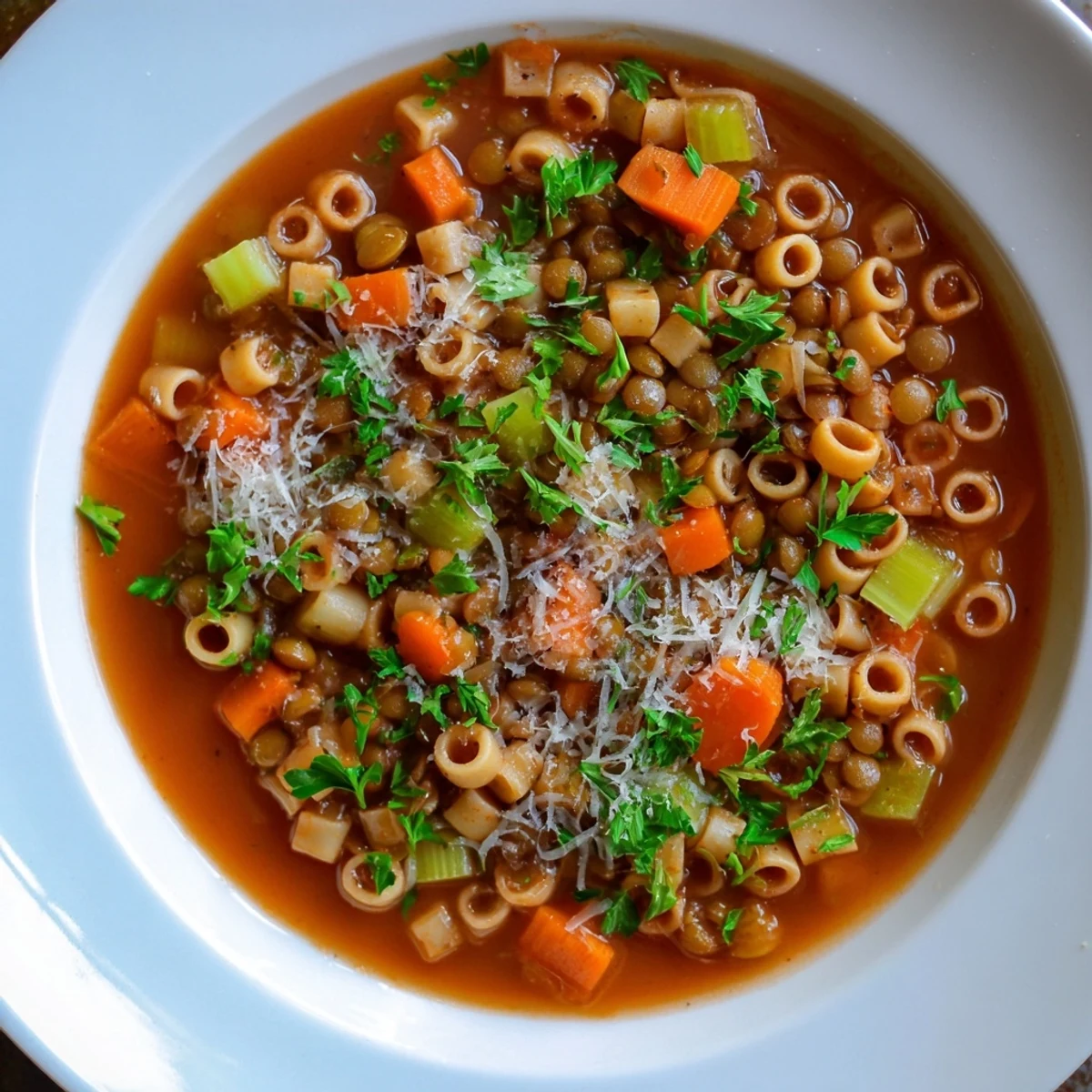 Close-up of a bubbling pot of Ditalini and Lentil Soup with visible vegetables and pasta.