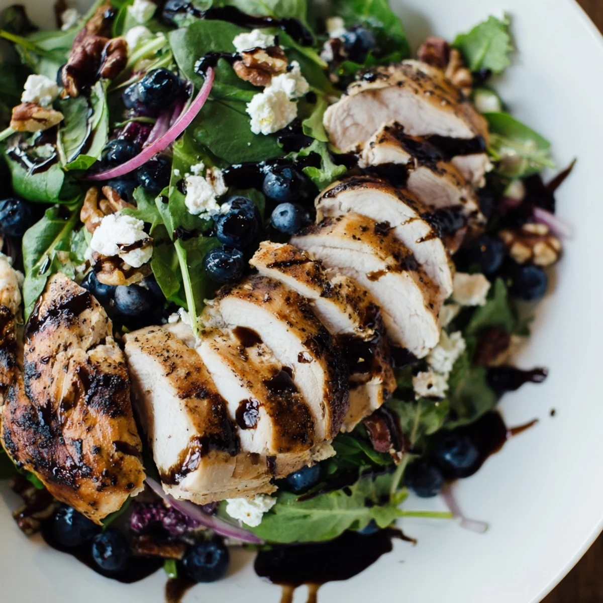 A close-up view of a flavorful Blueberry Goat Cheese Chicken Salad, drizzled with balsamic glaze.