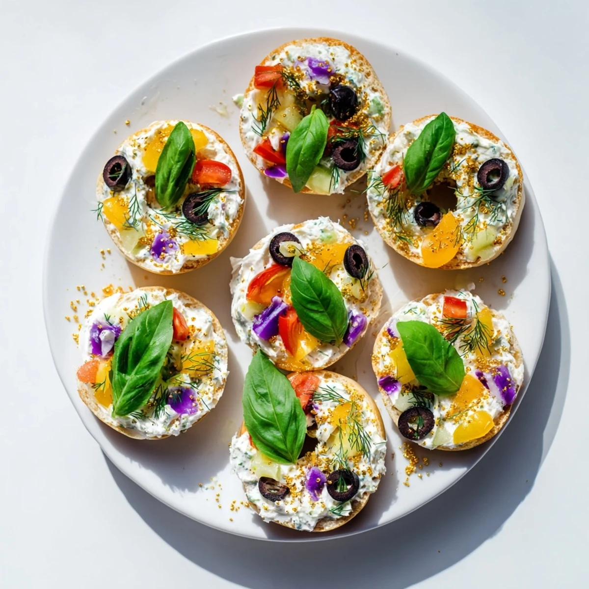 Vibrant Olympic Rings Medal Appetizer made with mini bagels, colorful cream cheese, and fresh garnishes.