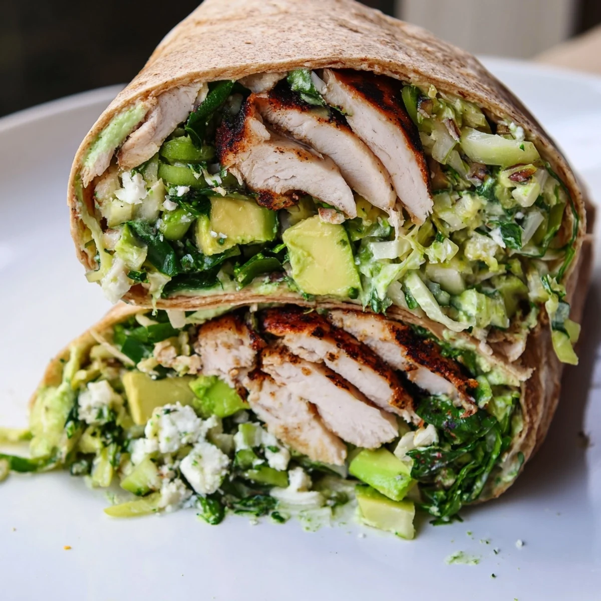 Grilled Green Goddess Chicken Wraps, filled with colorful salad, perfect for a fresh, healthy lunch.