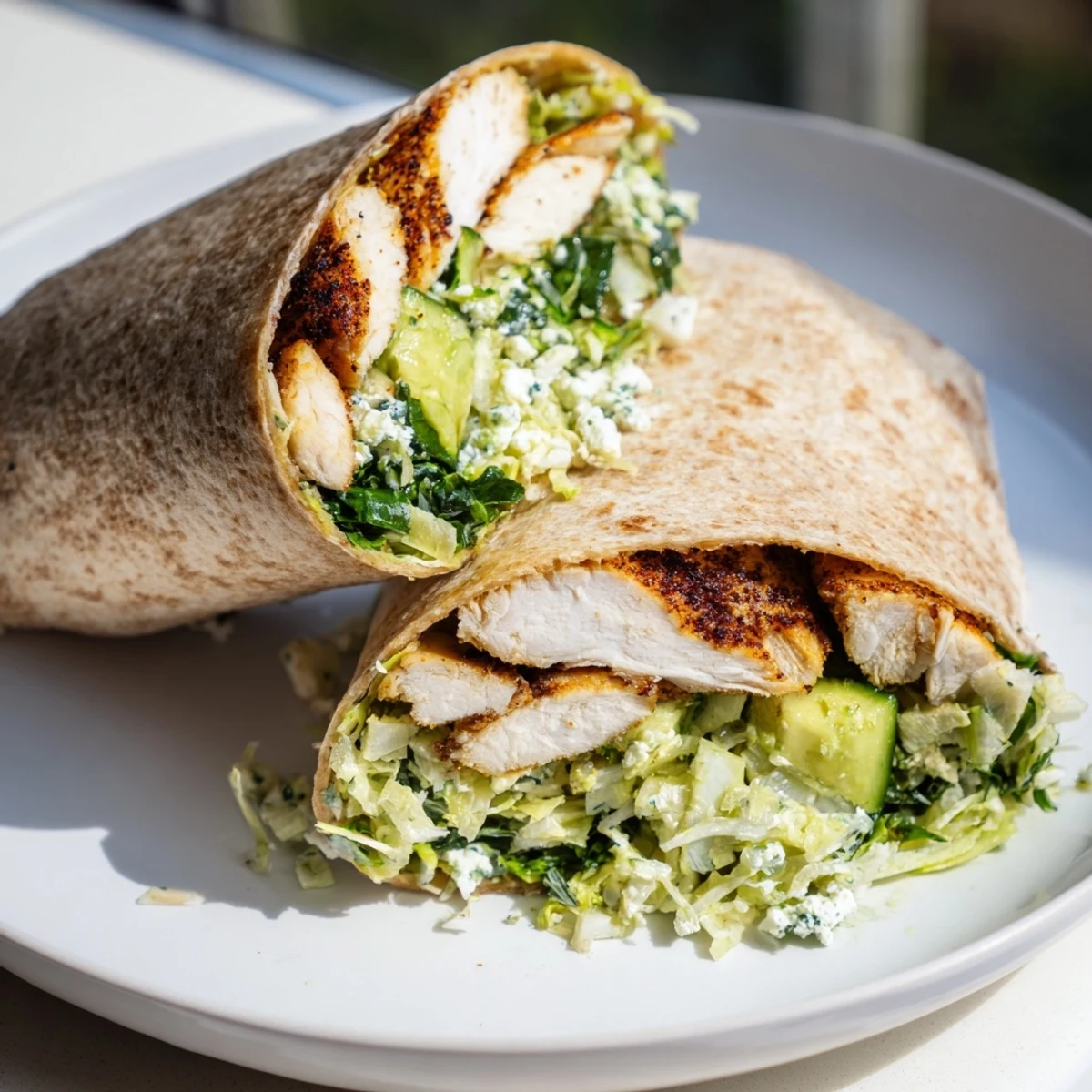 Vibrant Green Goddess Chicken Wraps showcasing sliced chicken and a creamy, flavorful dressing in a wrap.