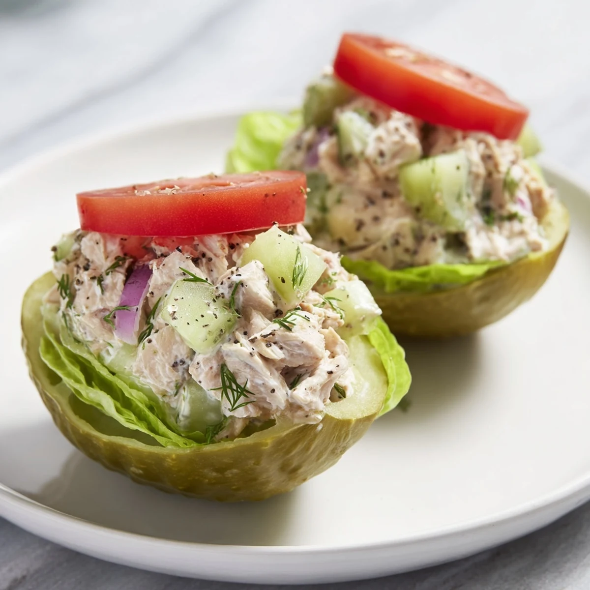 Juicy chicken salad overflowing the pickle cradles, making a healthy and delicious pickle sandwich.