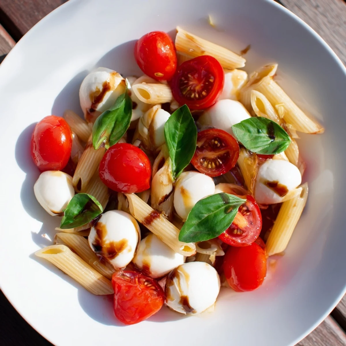Vibrant Caprese Pasta Salad, with juicy tomatoes and creamy mozzarella, ready to serve with a zesty dressing.