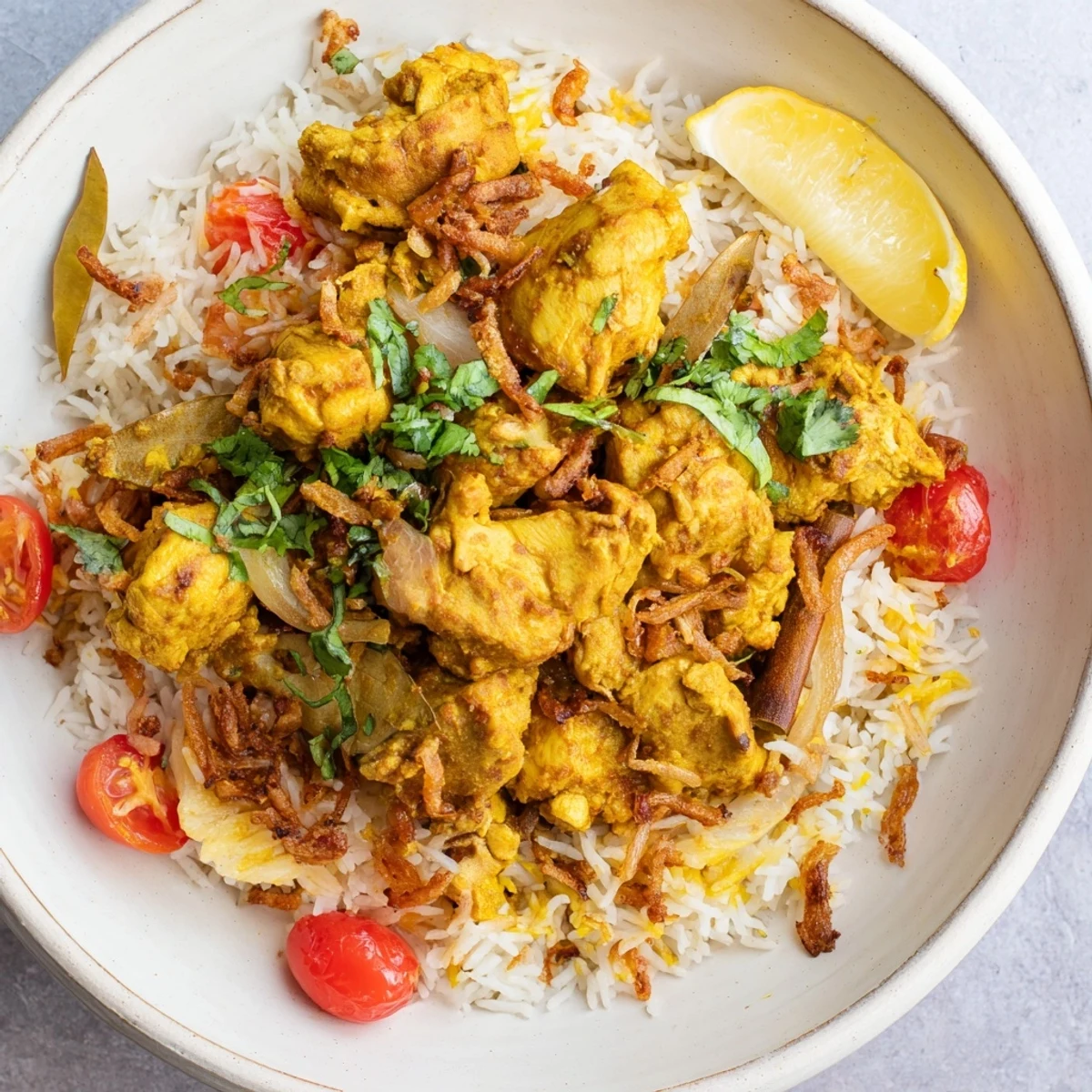 Steaming hot bowl of easy chicken biryani, showcasing fluffy rice and tender chicken pieces waiting to be enjoyed.