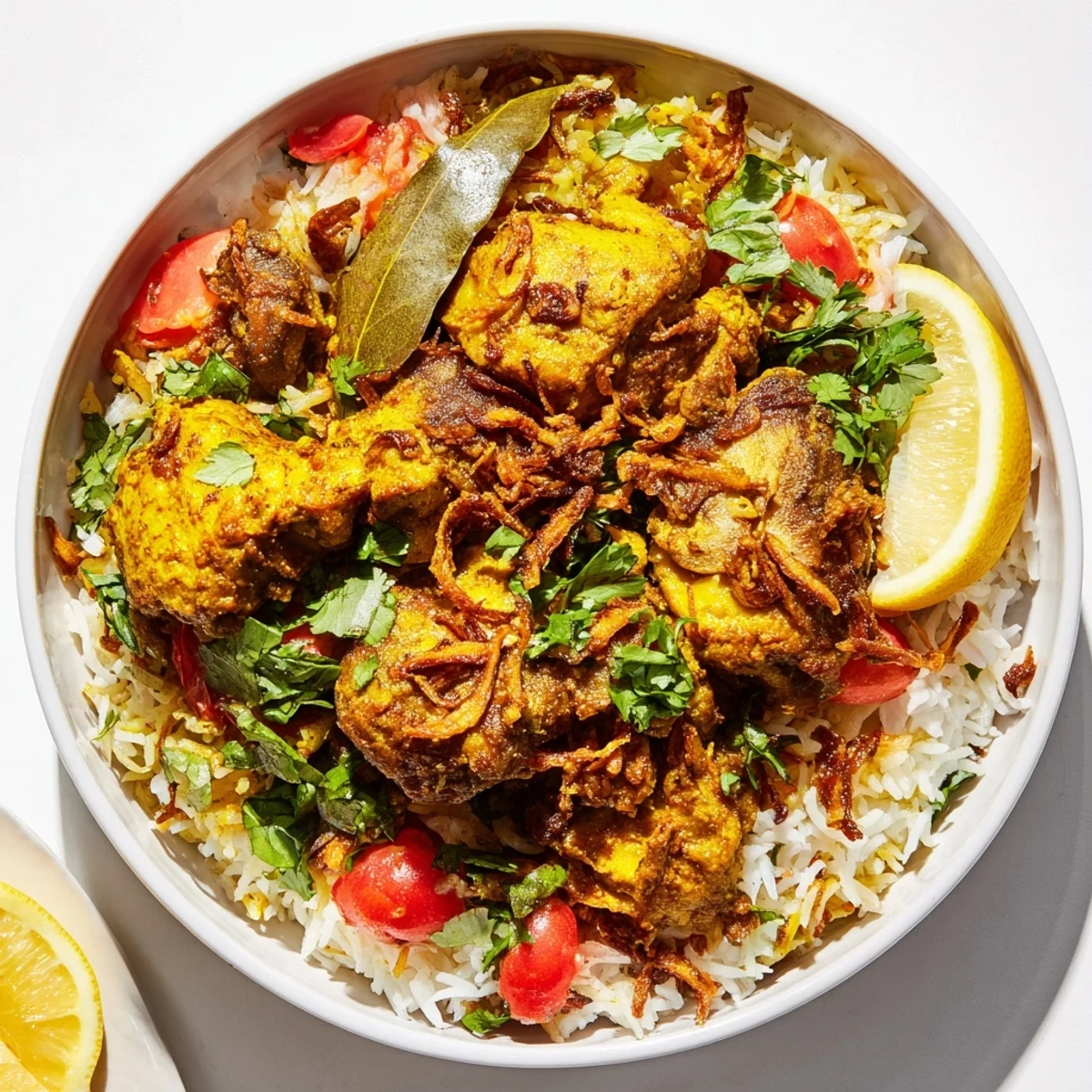 Golden, aromatic easy chicken biryani garnished with fresh cilantro, offering enticing Indian food flavors in every bite.