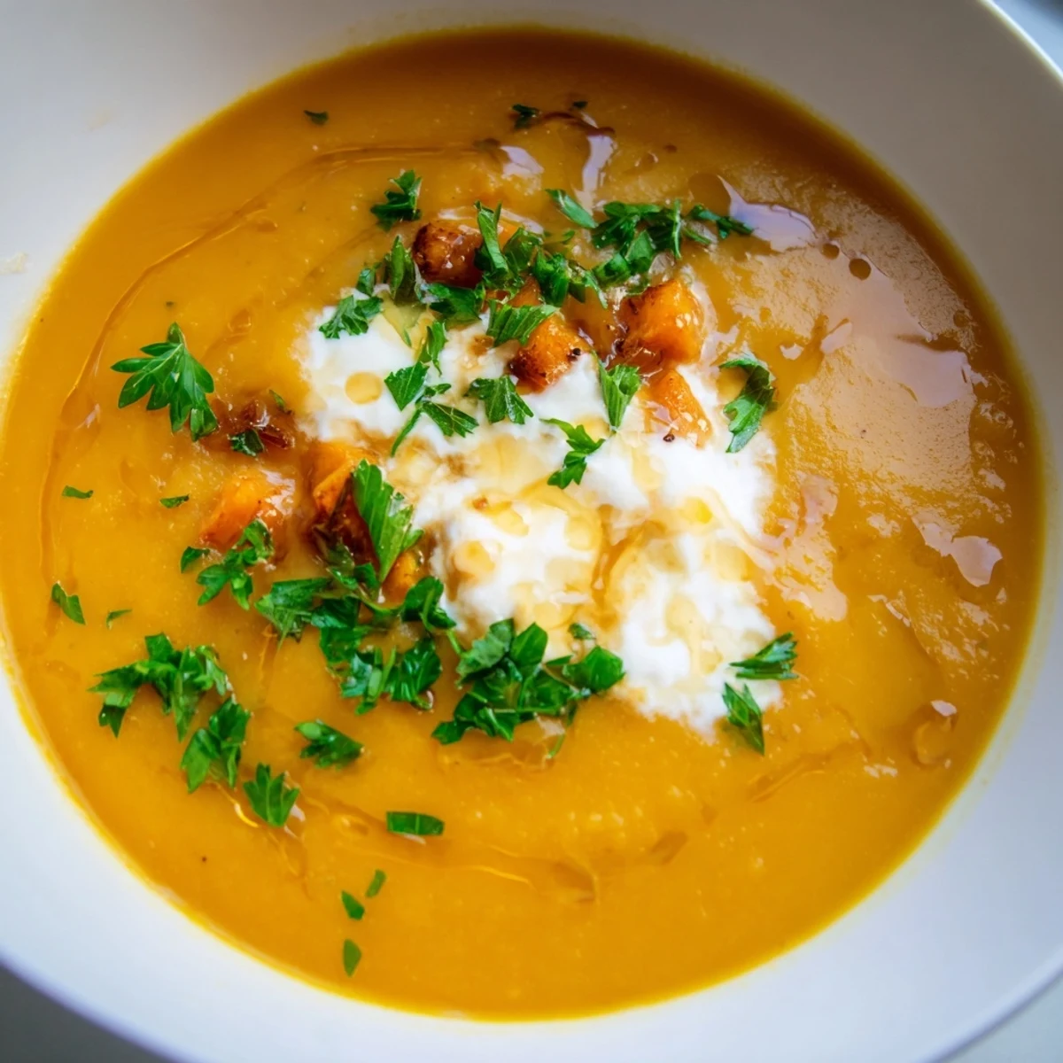 Close-up of golden Sweet Maple Carrot Soup, showcasing its smooth texture and rich flavor.