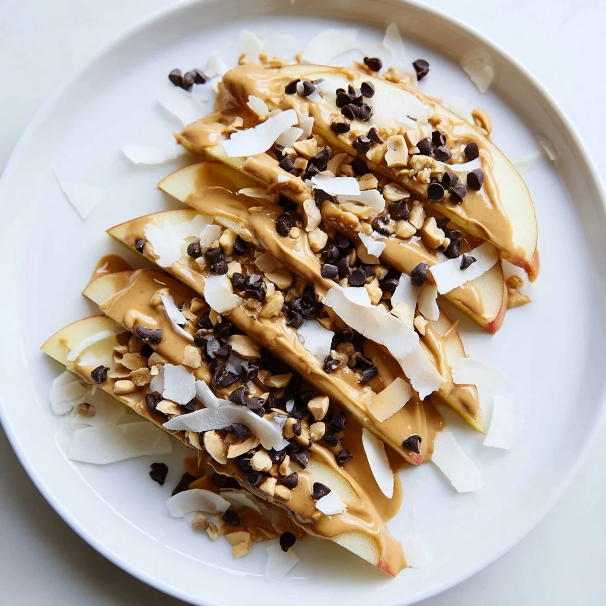 Crisp apple slices covered in peanut butter, a delightful Peanut Butter Apple Nachos snack.