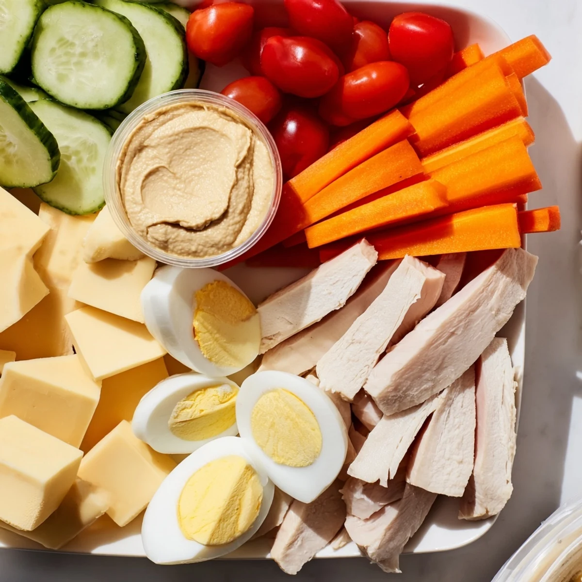 Protein snack boxes filled with colorful veggies, protein, and creamy hummus for a healthy meal.