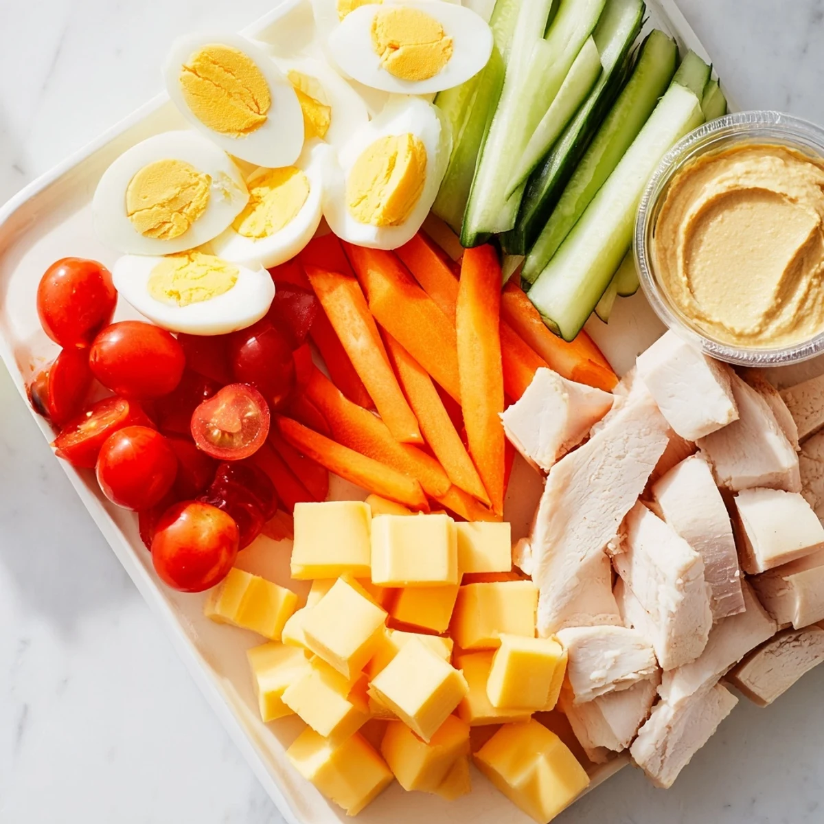 Delicious protein snack boxes showcasing a variety of textures: crunchy carrots, soft cheese, and savory meats.