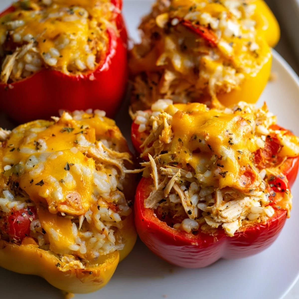 Golden, bubbly Cheesy Chicken Stuffed Peppers, a hearty dish filled with savory chicken and rice.