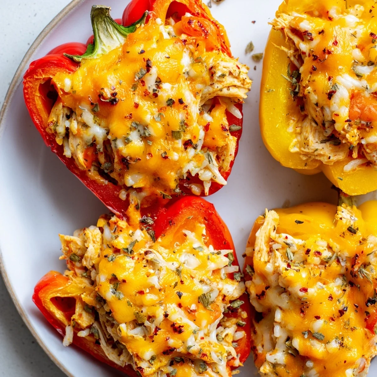 A close-up view of perfectly baked Cheesy Chicken Stuffed Peppers, oozing melted cheddar cheese.