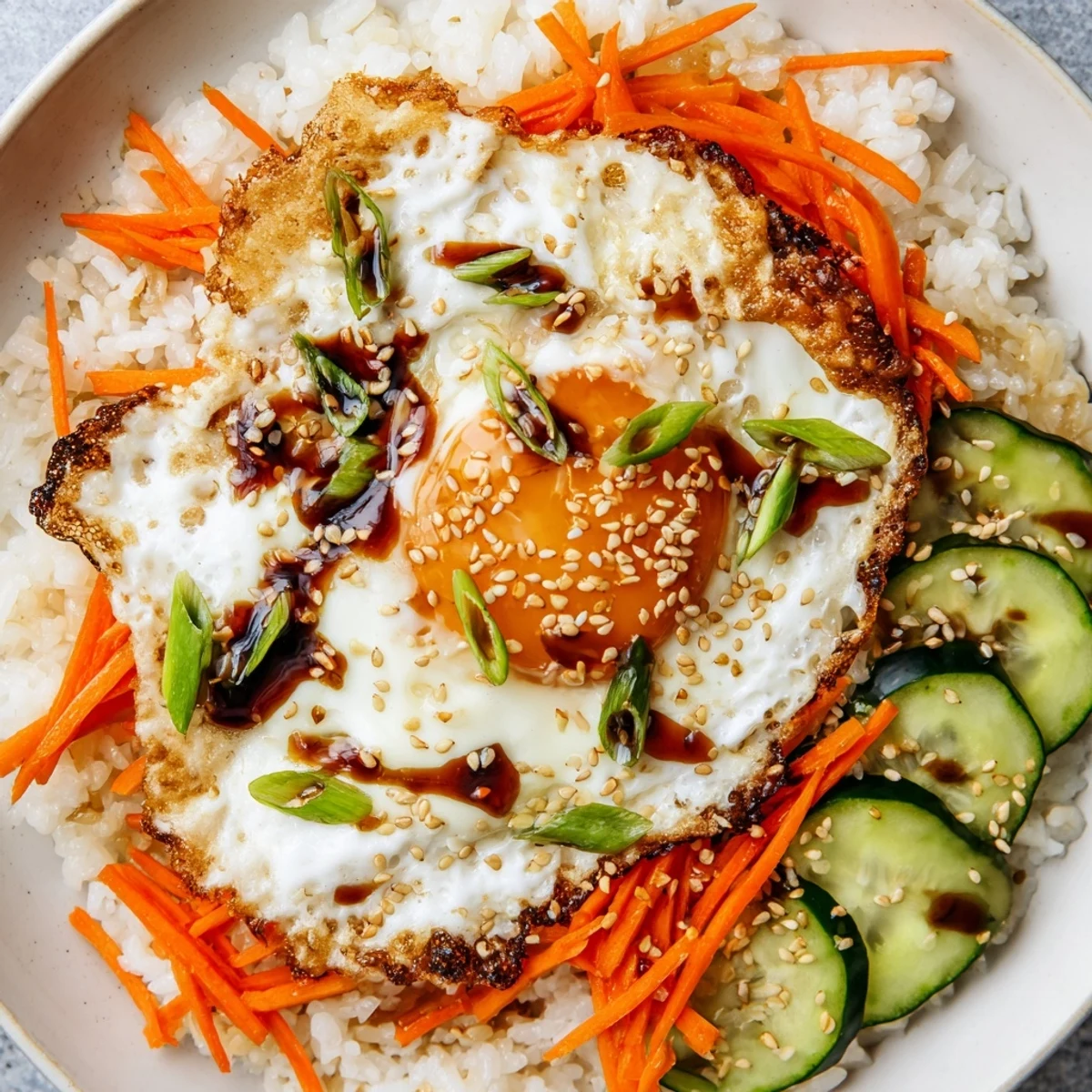 Golden crispy egg rice bowl with a perfectly fried egg, drizzled with savory sauce and vegetables.