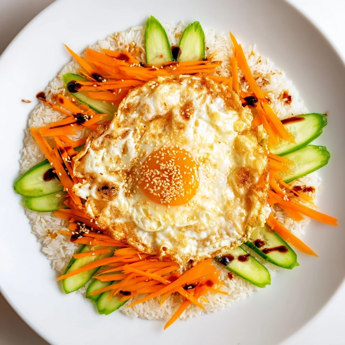 Fluffy rice transformed into a crispy egg rice bowl served with fresh, colorful garnishes and a runny yolk.