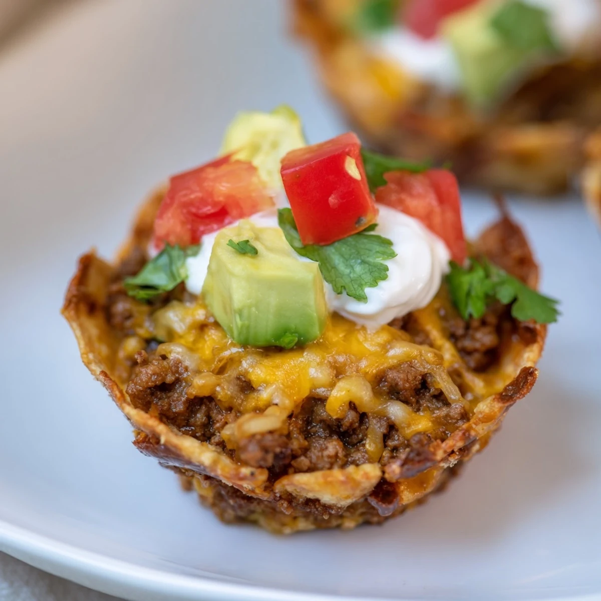 Warm, cheesy mini taco cups with perfectly crispy tortilla shells, ready to serve and enjoy.