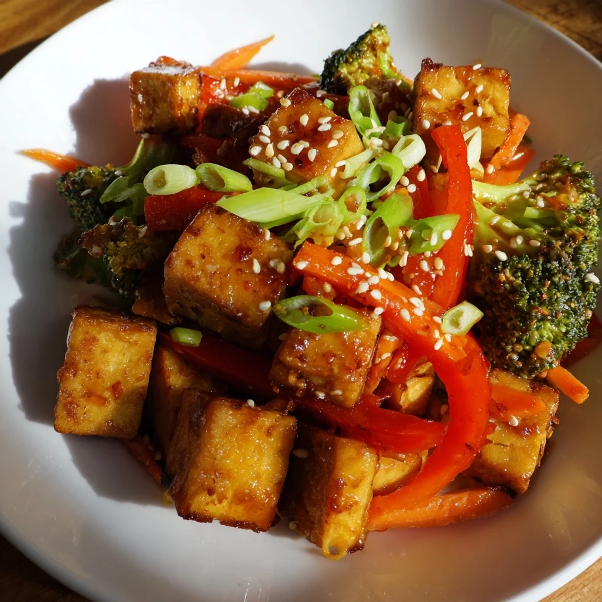 Golden, crispy Honey Garlic Tofu Bowls, with vibrant veggies, topped with sesame seeds on fluffy rice.