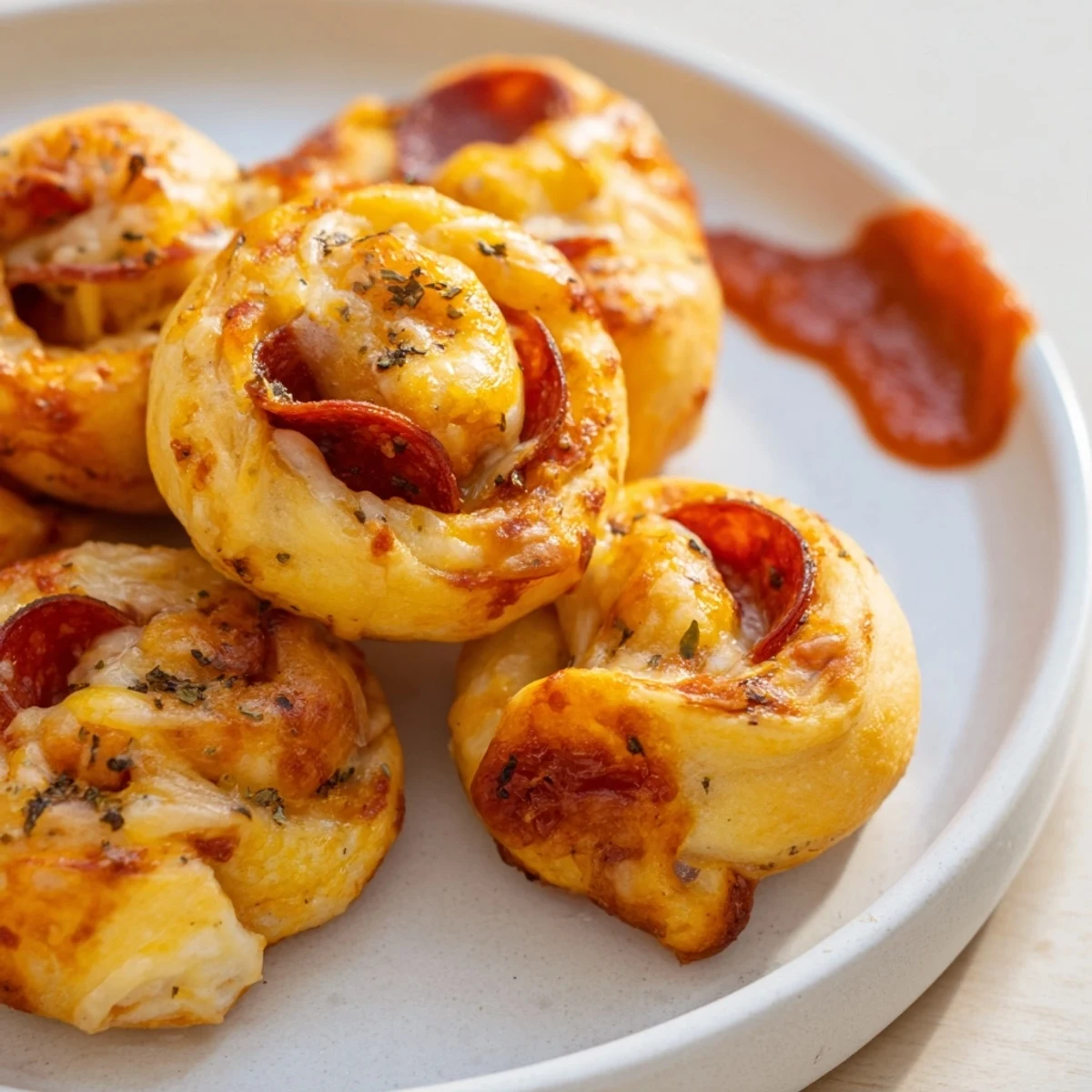 Golden air fryer pizza rolls, crispy on the outside, ready for dipping in warm pizza sauce.