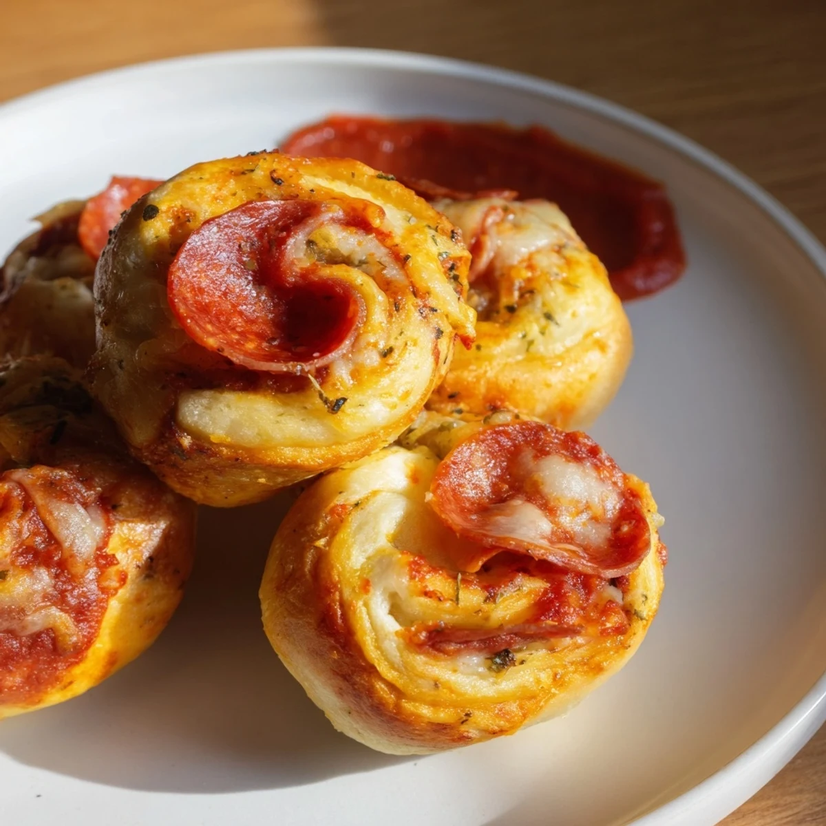 Homemade air fryer pizza rolls with melted cheese and pepperoni, perfect for a quick snack.