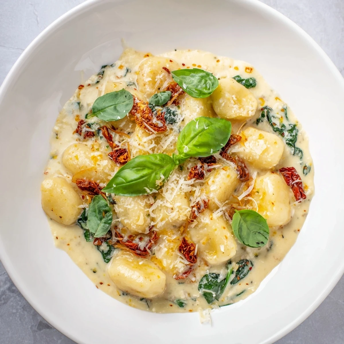 A close-up of the delicious Creamy Tuscan Gnocchi, ready for a comforting Italian dinner.
