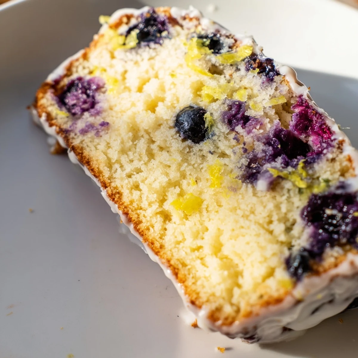 Golden Lemon Blueberry Yogurt Loaf slice with tender crumb, boasting juicy blueberries and a sweet glaze.