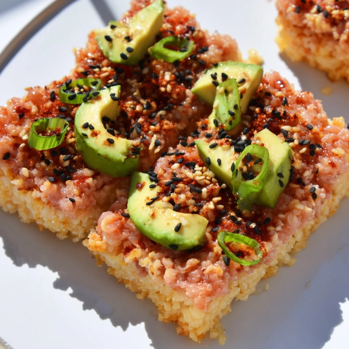 These Spicy Tuna Crispy Rice bites are a delightful appetizer, featuring a perfect balance of textures and tastes.