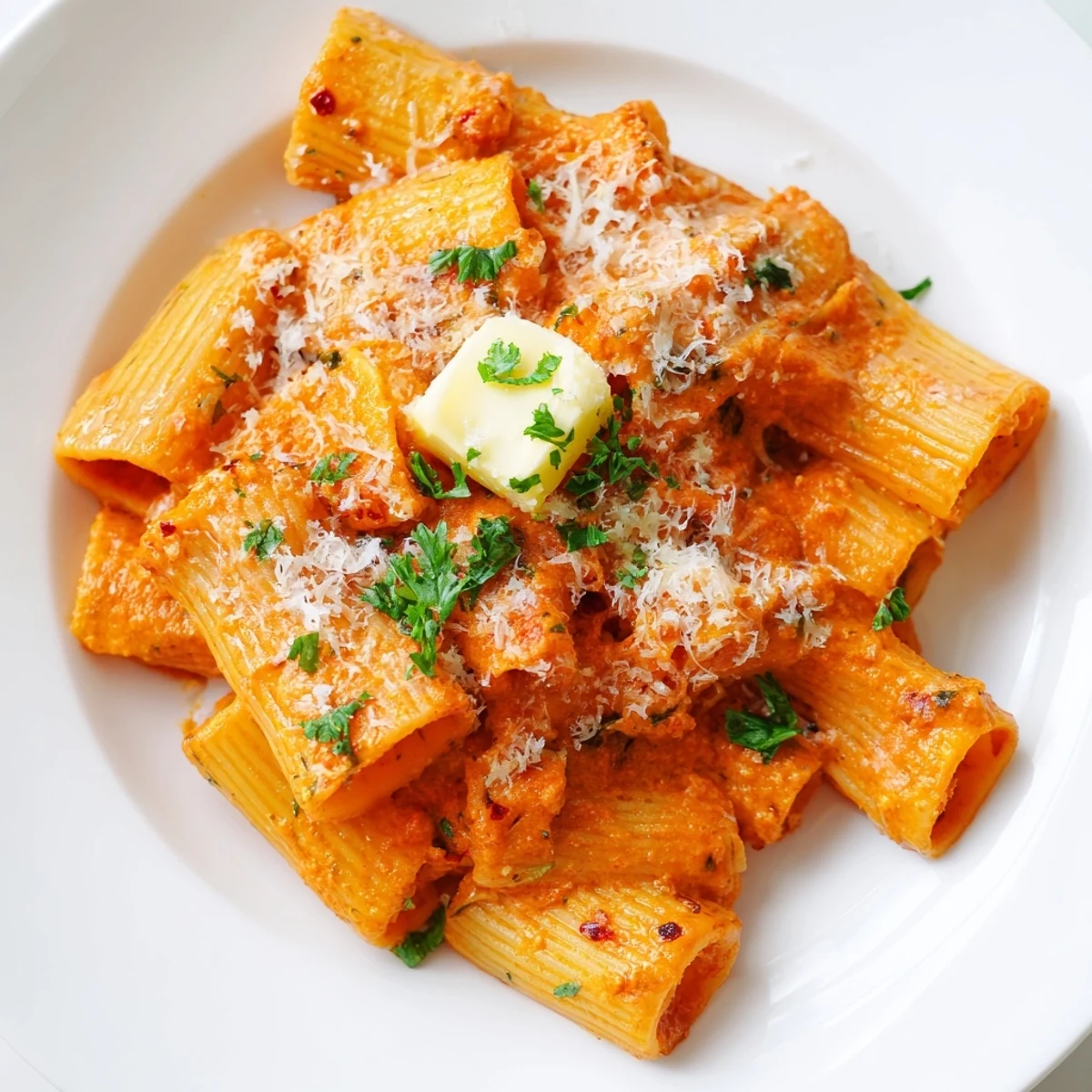 A steaming bowl of Gigi Hadid-style spicy rigatoni featuring a rich tomato-vodka sauce and fresh herbs.