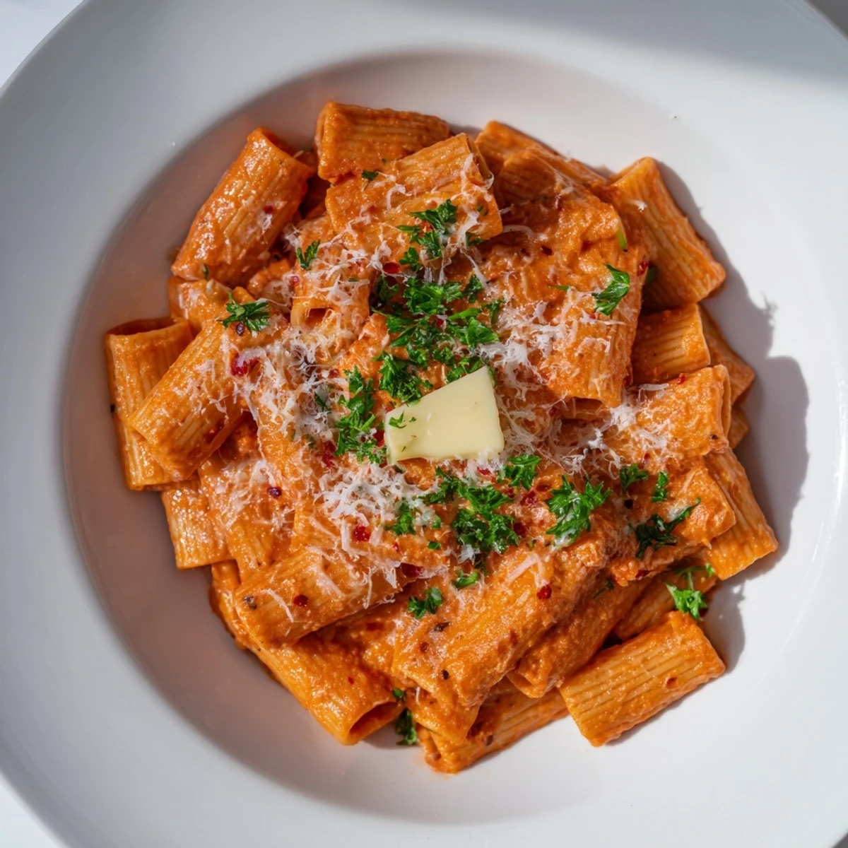 Vibrant photo of creamy Gigi Hadid-style spicy rigatoni, plated and ready to enjoy with Parmesan.
