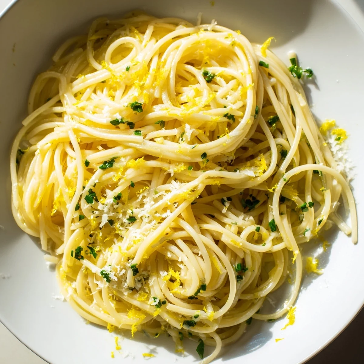 A close-up of finished Lemon Capellini swirling with vibrant herbs and creamy sauce.