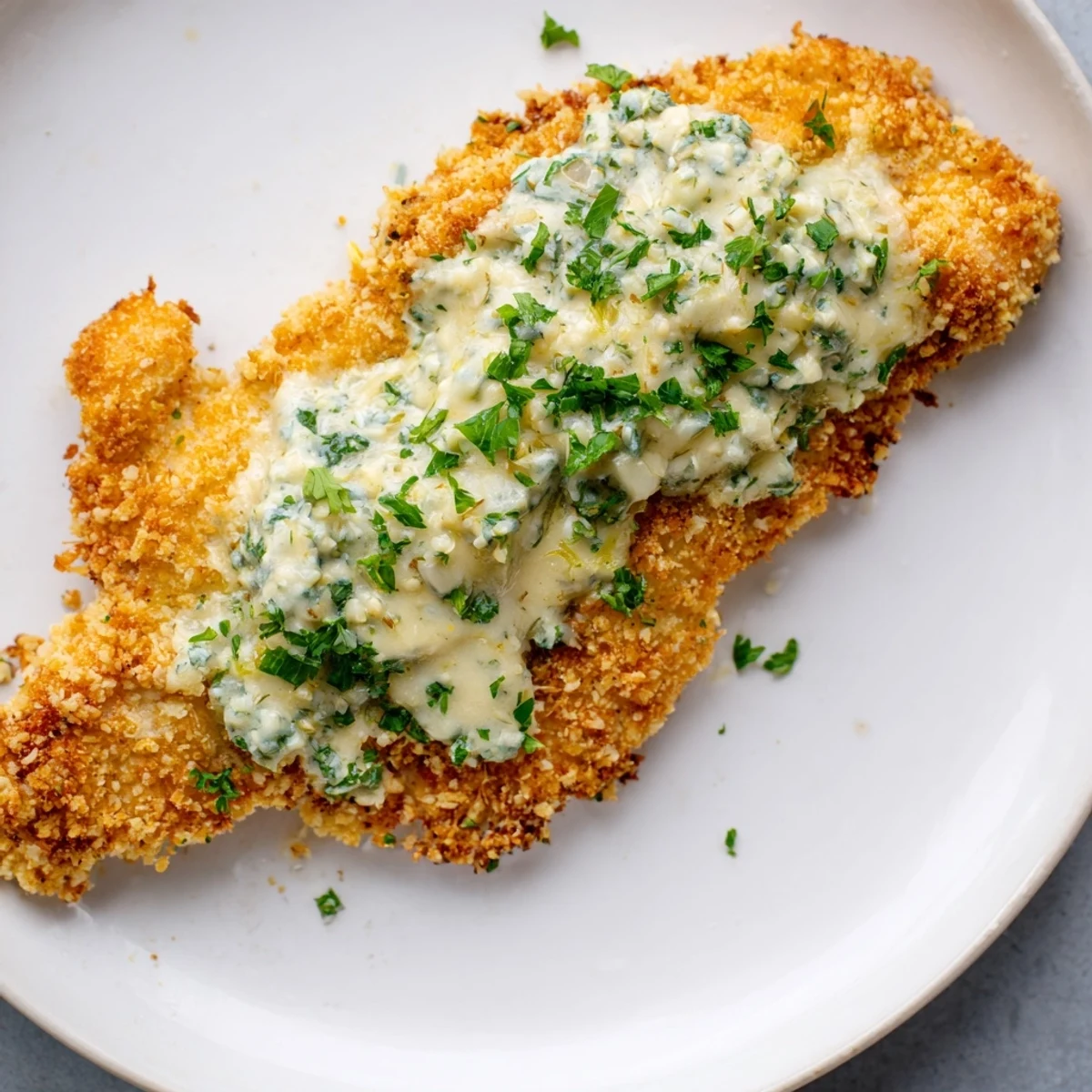 Golden-brown crispy chicken with garlic cream sauce, a savory and comforting American dinner.