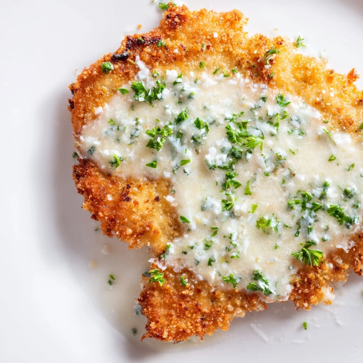 Delicious, pan-fried crispy chicken with garlic cream sauce, ready for a flavorful, easy weeknight meal.
