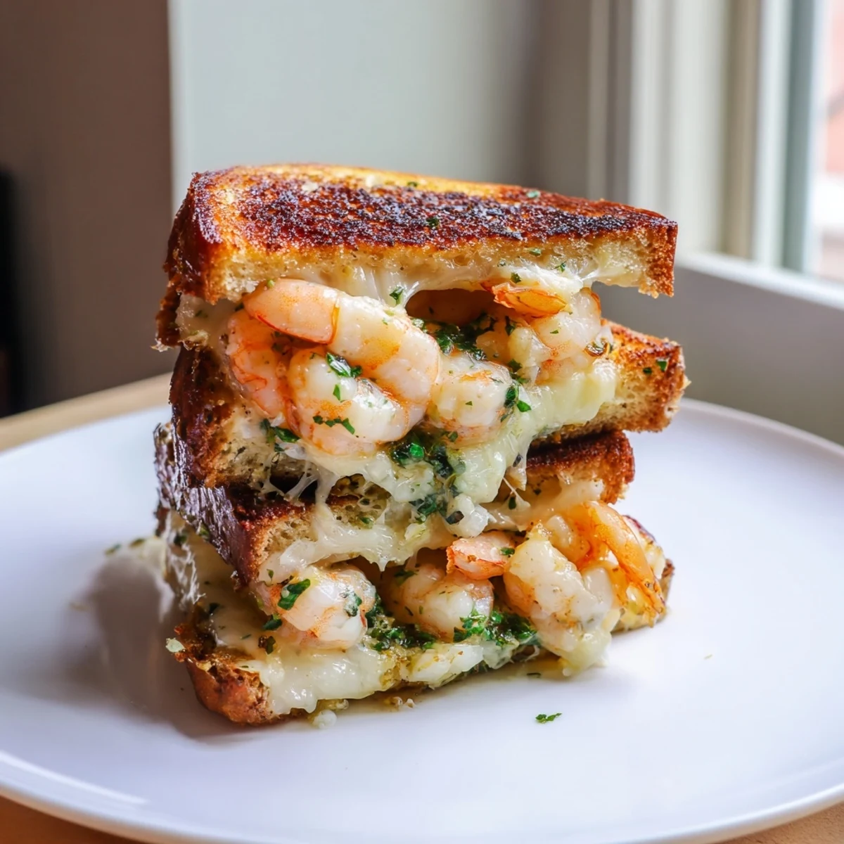 Quick Shrimp Grilled Cheese, featuring melted cheese and juicy shrimp on toasted golden slices.