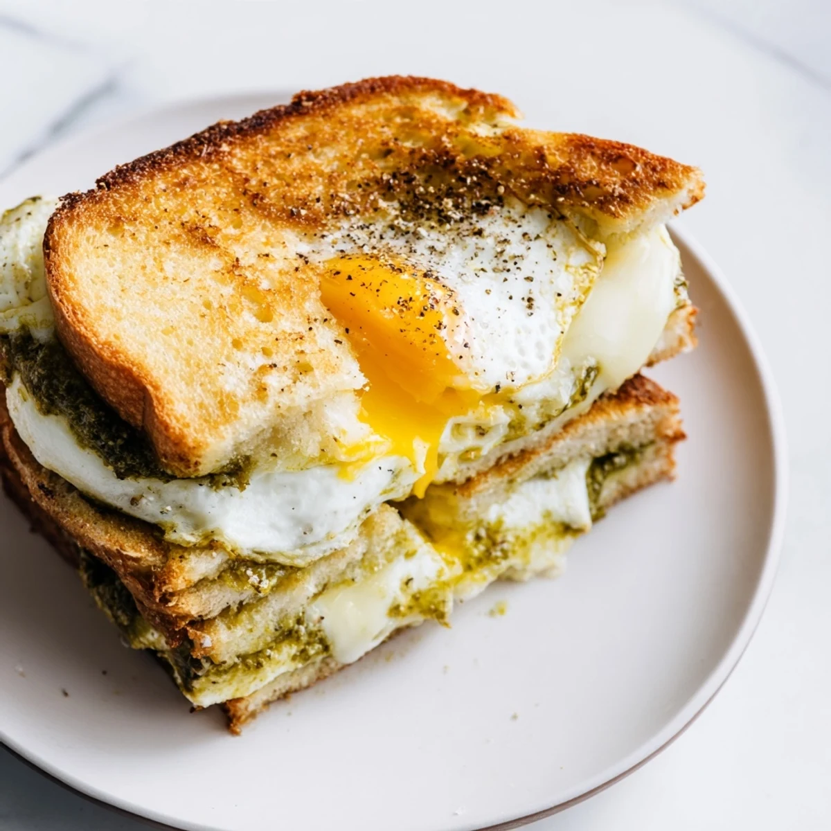 Golden brown and oozing, this pesto egg grilled cheese has melted mozzarella cheese and crispy sourdough.