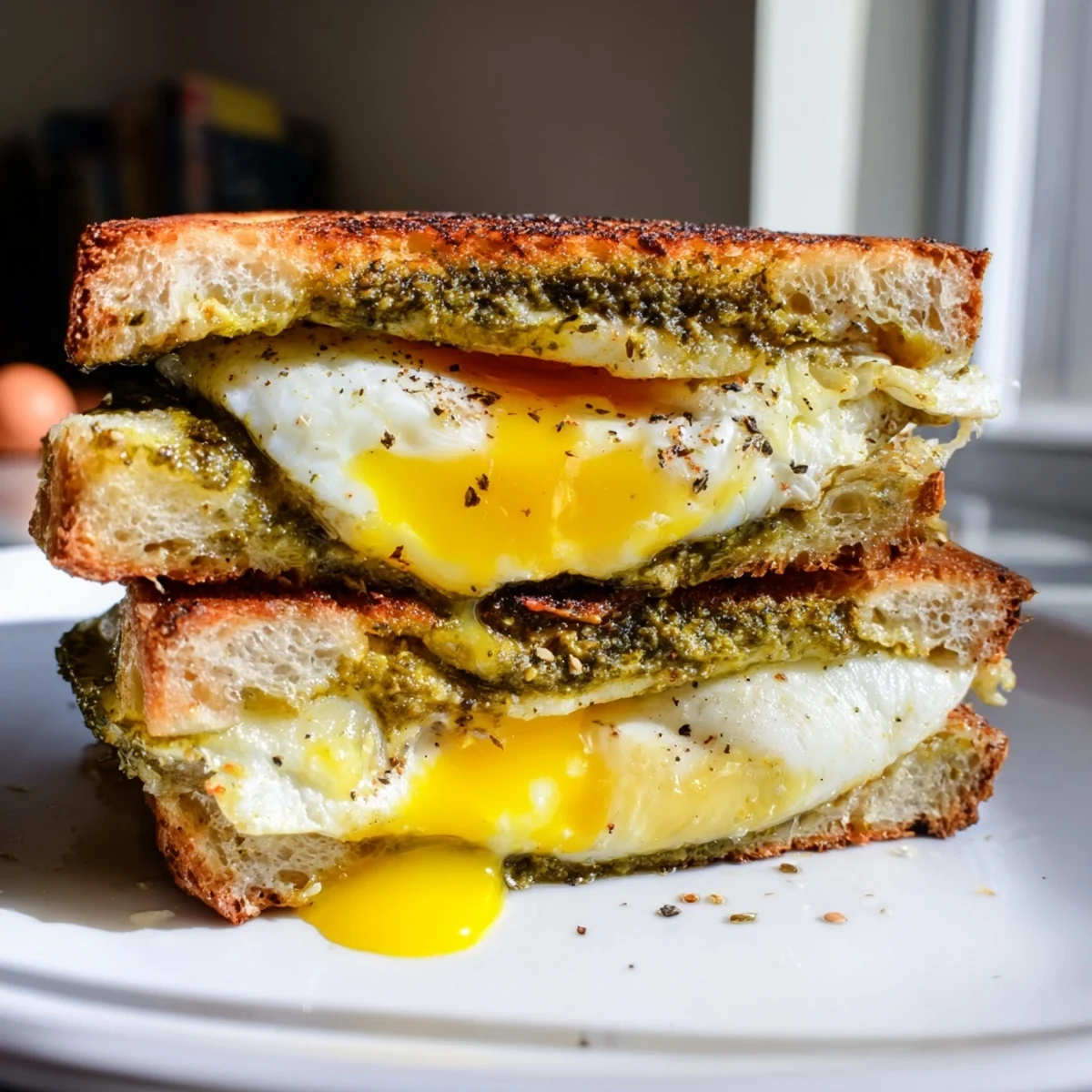 Flavorful pesto egg grilled cheese with a stack of melty cheese on toasted bread; a perfect lunch.