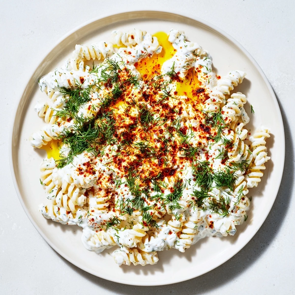 Flavorful bowl of Turkish Yogurt Pasta, swirled with creamy yogurt and drizzled with sizzling, spiced butter.