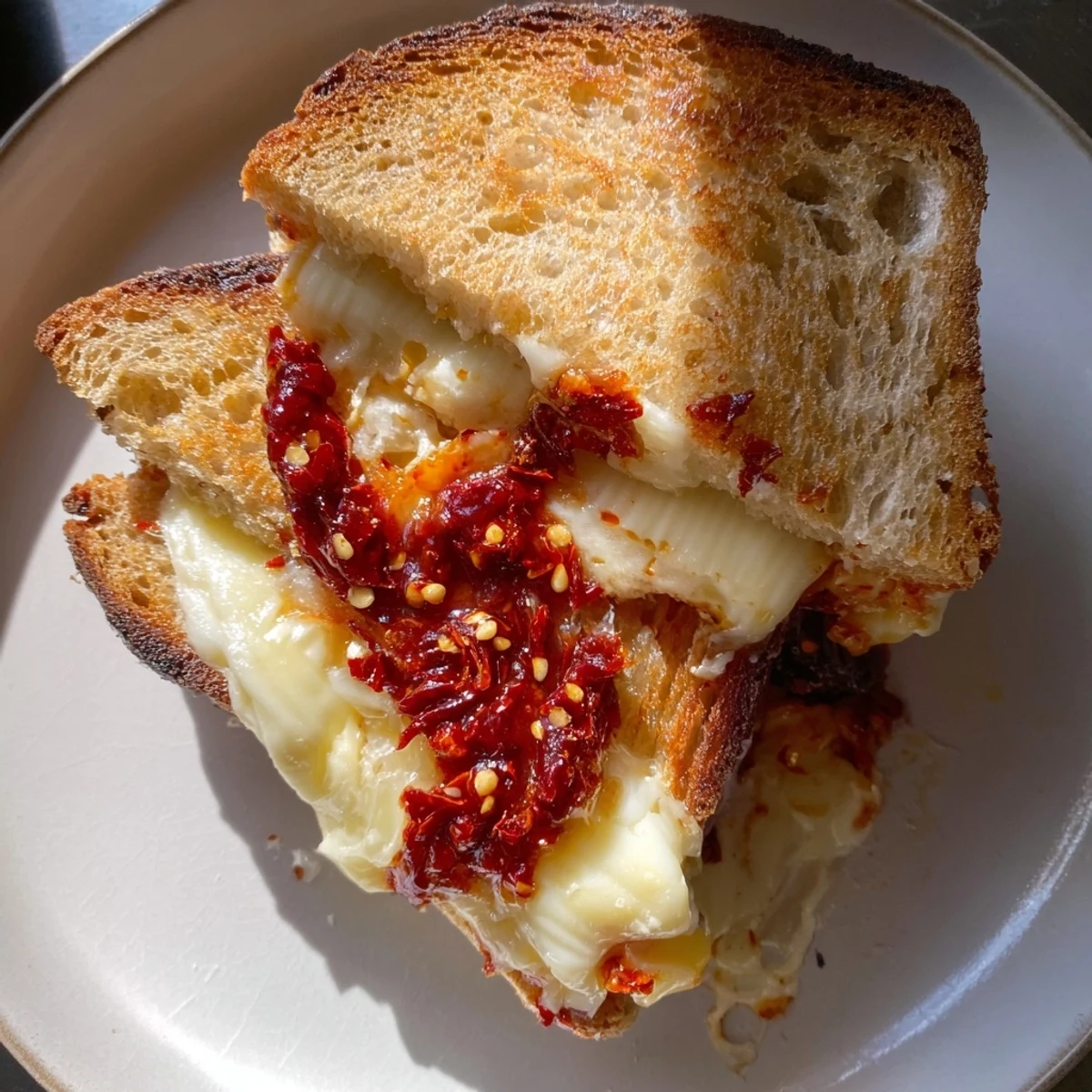 Golden, bubbling Brie and Chili Crisp Grilled Cheese ready to slice, with melted cheese.