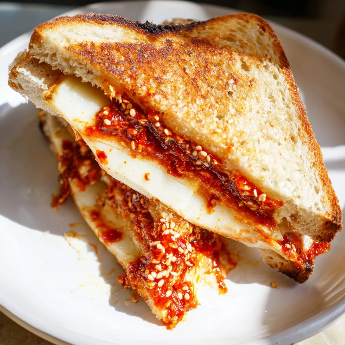 Melted brie oozing from a freshly grilled Brie and Chili Crisp Grilled Cheese, a gourmet treat.