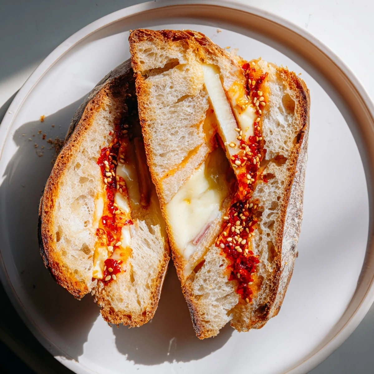 Spicy chili crisp elevates this delightful Brie and Chili Crisp Grilled Cheese, perfect for a quick meal.